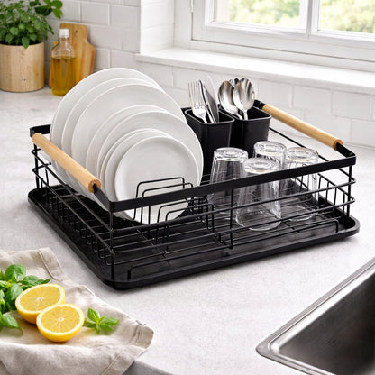 Suszarka do naczyń czarna metalowa – OCIEKACZ Z MIEJSCEM NA TALERZE I SZTUĆCE