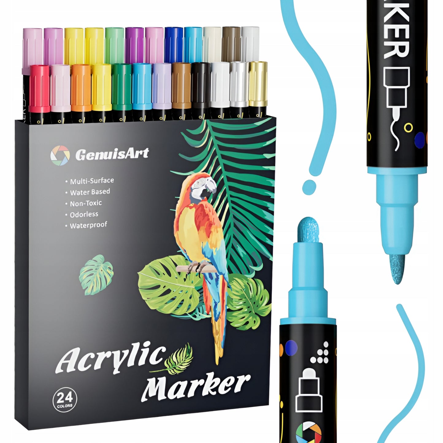 Pisaki akrylowe wodoodporne – MARKERY DWUSTRONNE DO RYSOWANIA I MALOWANIA, ZESTAW 24 KOLORY