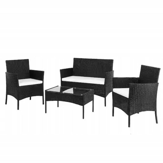 MEBLE OGRODOWE RATTANOWE CZARNE ZESTAW 4 OSOBOWY - SOFA + KRZESŁA + STÓŁ