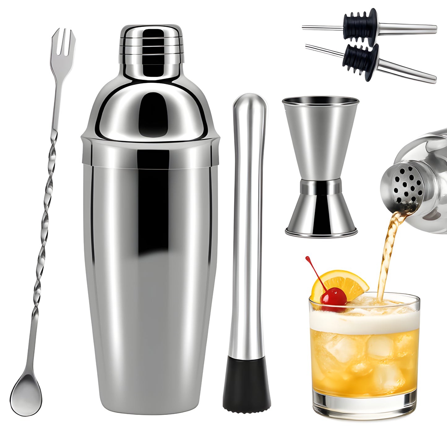 Zestaw barmański do drinków i koktajli - PROFESJONALNY SHAKER, 6 ELEMENTÓW