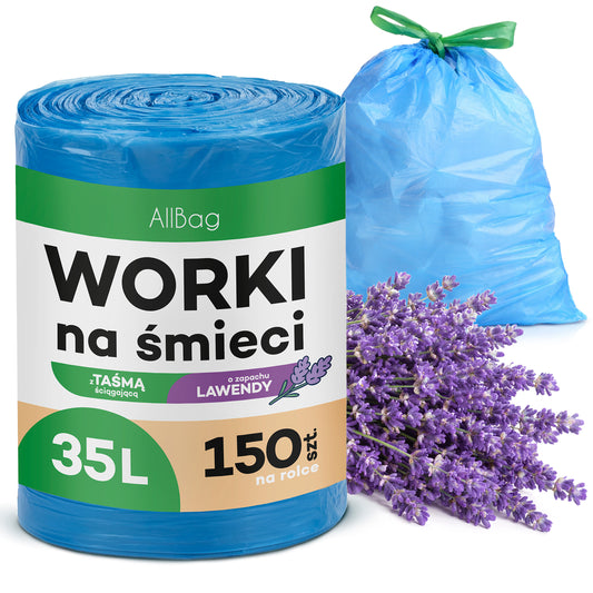 Zapachowe worki na śmieci 35L - MOCNE NIEBIESKIE WORKI WIĄZANE Z TAŚMĄ, LAWENDOWE, UNIWERSALNE, 150 szt.