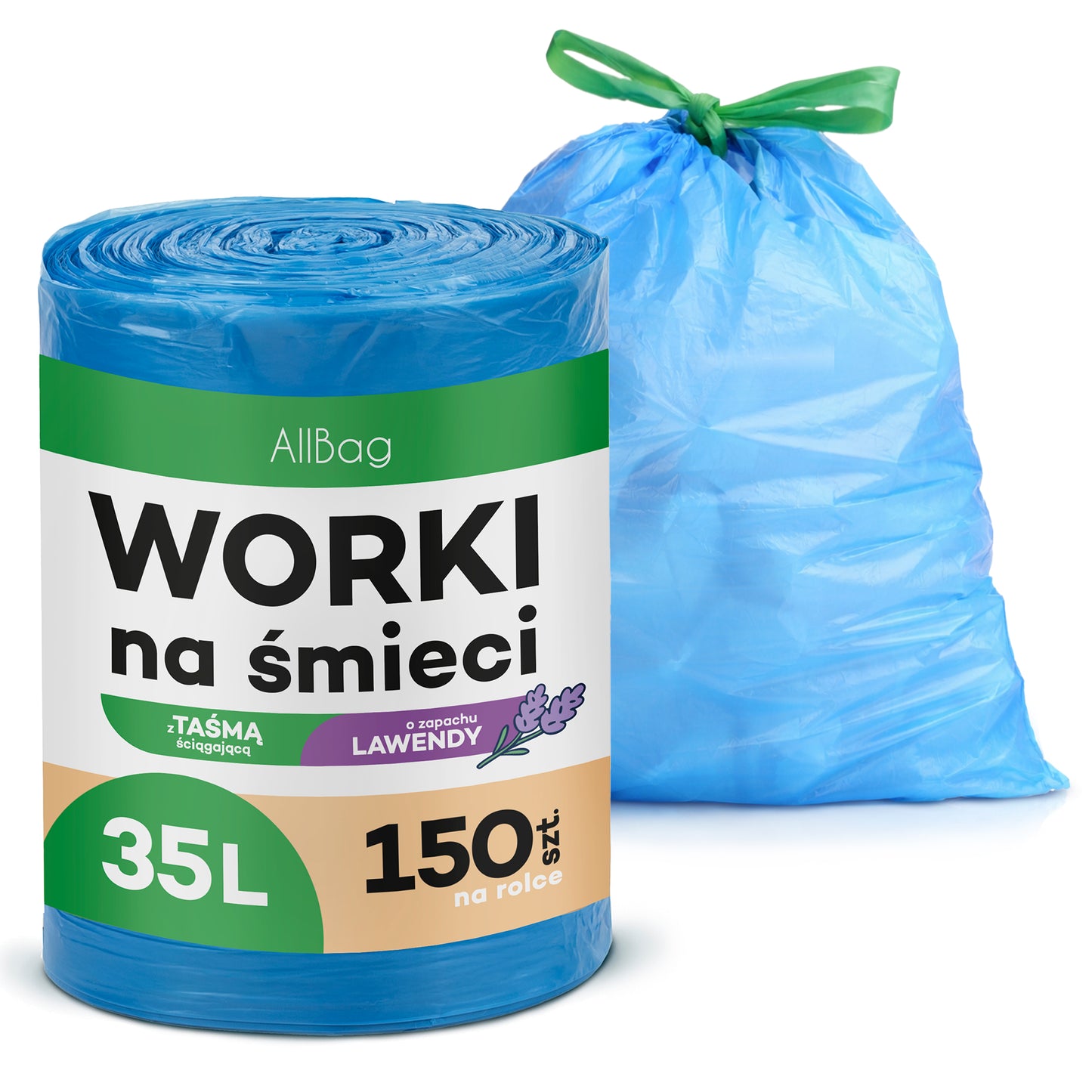 Zapachowe worki na śmieci 35L - MOCNE NIEBIESKIE WORKI WIĄZANE Z TAŚMĄ, LAWENDOWE, UNIWERSALNE, 150 szt.