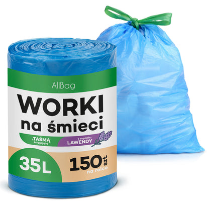 Zapachowe worki na śmieci 35L - MOCNE NIEBIESKIE WORKI WIĄZANE Z TAŚMĄ, LAWENDOWE, UNIWERSALNE, 150 szt.