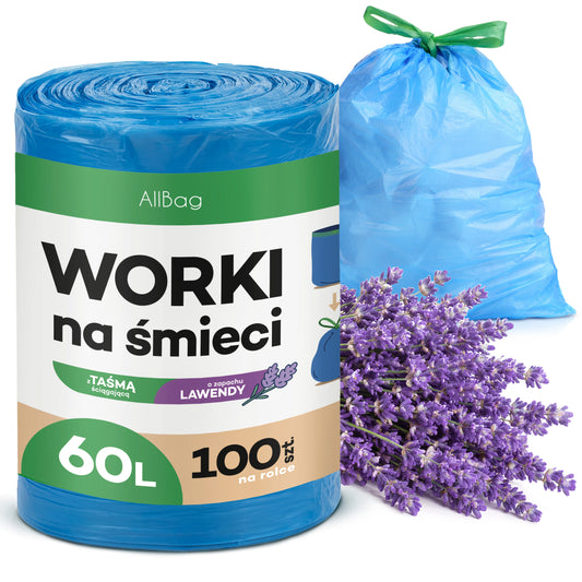 Worki na śmieci 60L zapachowe, lawendowe - MOCNE NIEBIESKIE WORKI WIĄZANE Z TAŚMĄ, UNIWERSALNE, 100 szt.