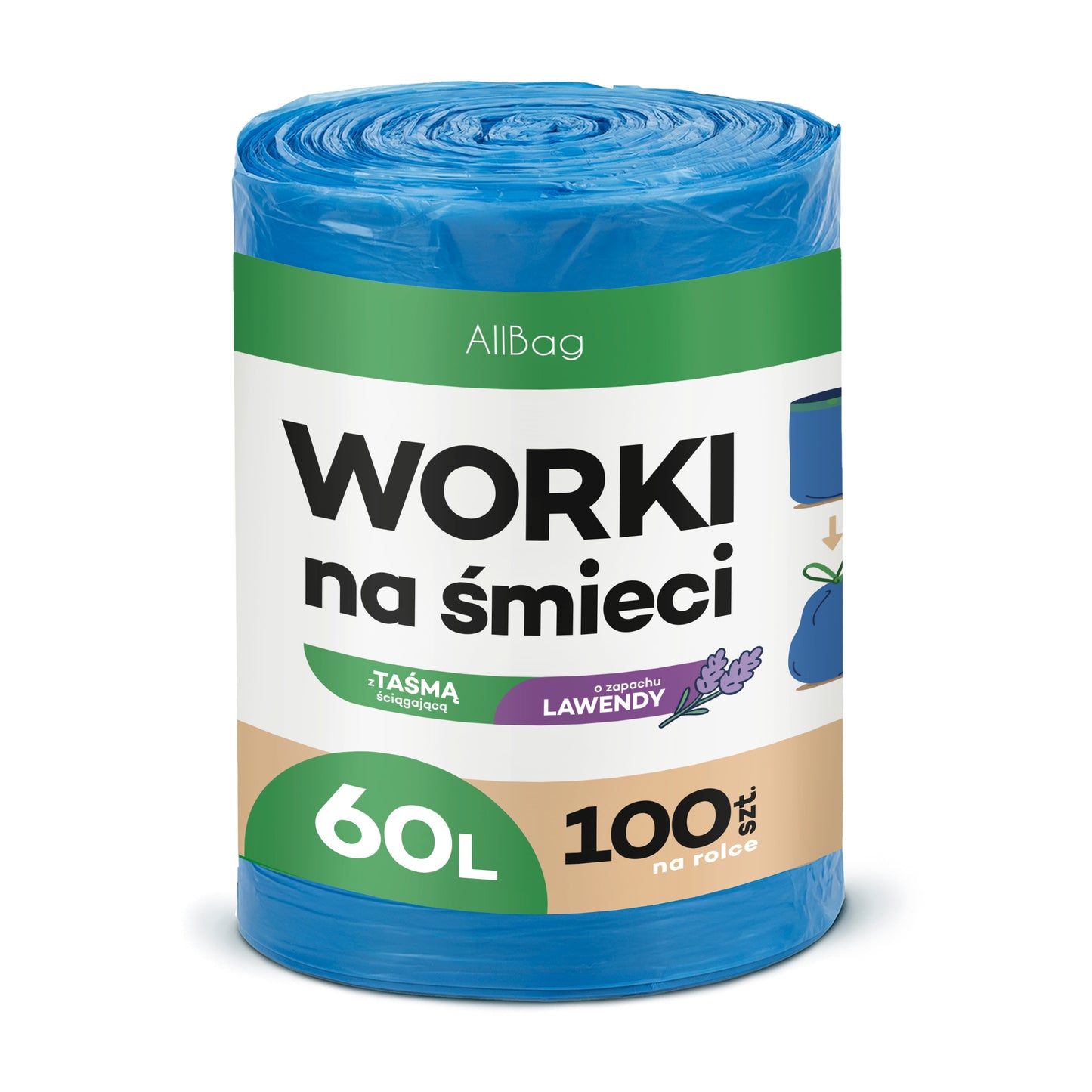 Worki na śmieci 60L zapachowe, lawendowe - MOCNE NIEBIESKIE WORKI WIĄZANE Z TAŚMĄ, UNIWERSALNE, 100 szt.