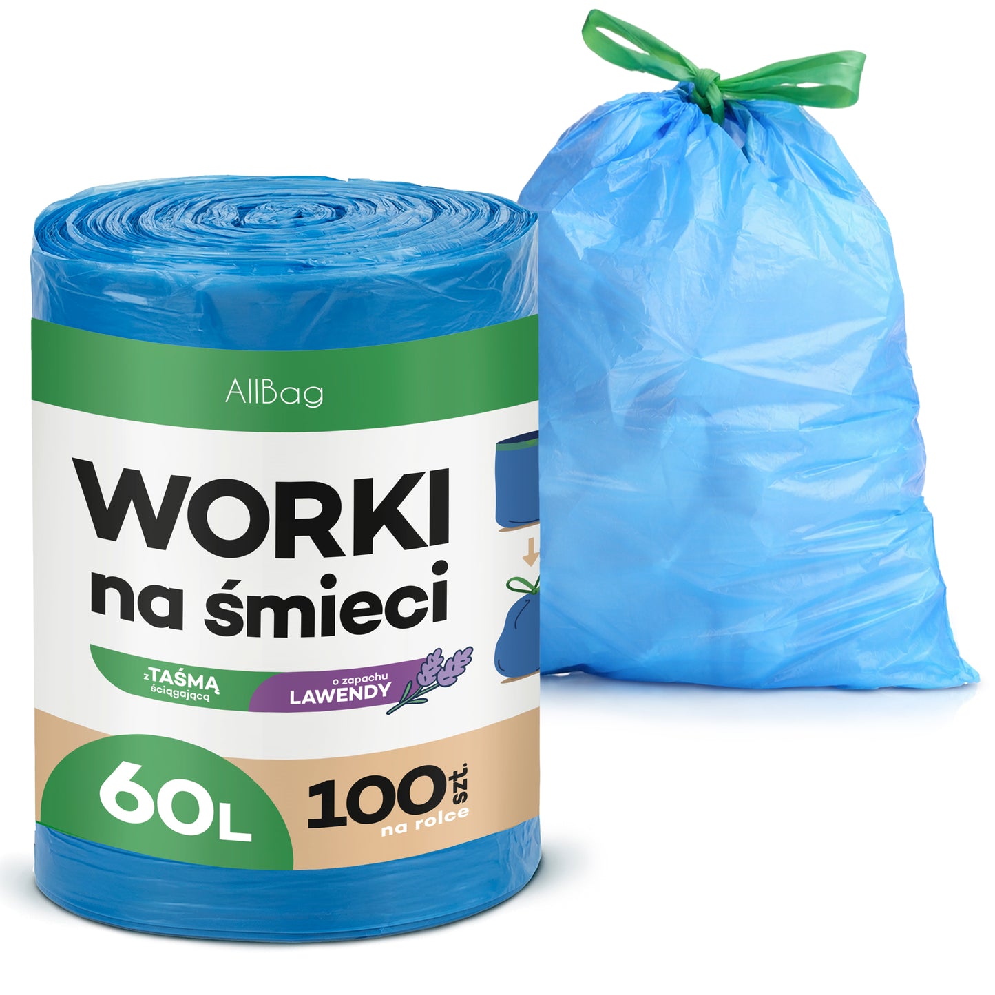 Worki na śmieci 60L zapachowe, lawendowe - MOCNE NIEBIESKIE WORKI WIĄZANE Z TAŚMĄ, UNIWERSALNE, 100 szt.