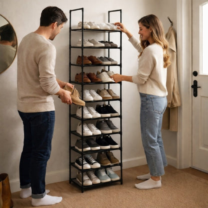 Stojak na buty 10 półek - METALOWY REGAŁ ORGANIZER NA OBUWIĘ, CZARNA SZAFKA DO PRZECHOWYWANIA
