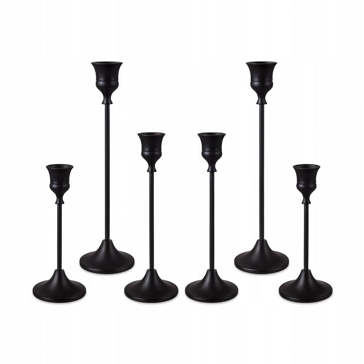Świecznik metalowy czarny matowy – ZESTAW 6 szt., ELEGANCKA DEKORACJA STOŁU NA ŚWIECE