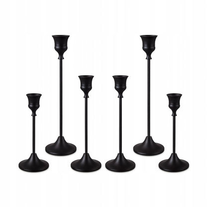 Świecznik metalowy czarny matowy – ZESTAW 6 szt., ELEGANCKA DEKORACJA STOŁU NA ŚWIECE