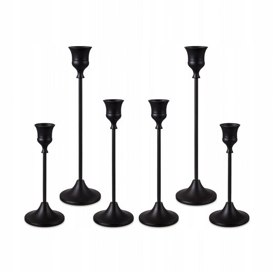 Świecznik metalowy czarny matowy – ZESTAW 6 szt., ELEGANCKA DEKORACJA STOŁU NA ŚWIECE