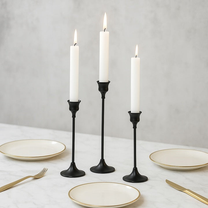 Świecznik metalowy czarny matowy – ZESTAW 6 szt., ELEGANCKA DEKORACJA STOŁU NA ŚWIECE