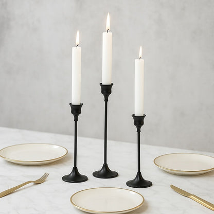 Świecznik metalowy czarny matowy – ZESTAW 6 szt., ELEGANCKA DEKORACJA STOŁU NA ŚWIECE