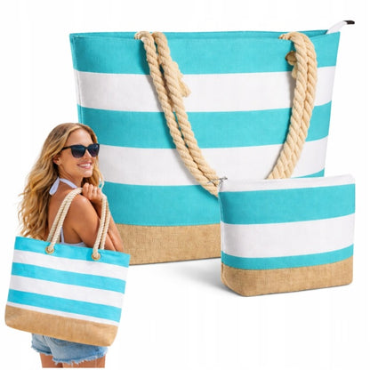 Torba plażowa na ramię z kosmetyczką - DUŻA TORBA TURYSTYCZNA ZAMYKANA POJEMNA I STYLOWA NA PLAŻĘ I WYJAZDY