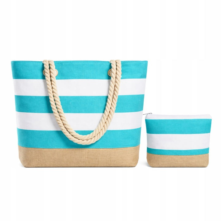 Torba plażowa na ramię z kosmetyczką - DUŻA TORBA TURYSTYCZNA ZAMYKANA POJEMNA I STYLOWA NA PLAŻĘ I WYJAZDY