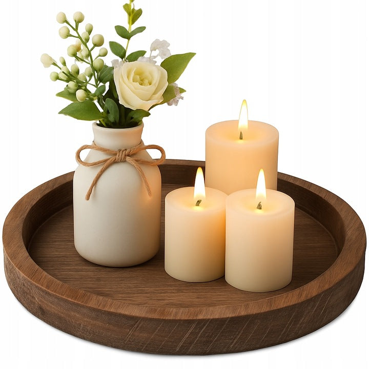 Drewniana taca dekoracyjna na świece – TACKA DO SERWOWANIA, PODSTAWKA OZDOBNA, OKRĄGŁA PATERA