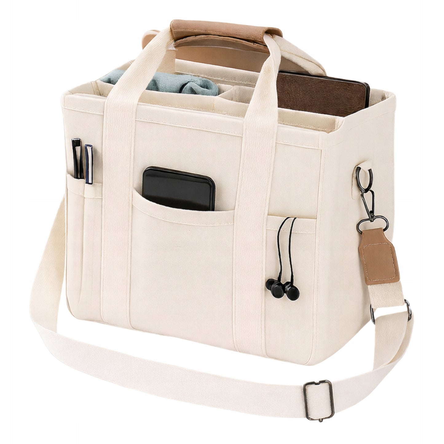 Torba beżowa na laptopa na ramię – POJEMNA TOREBKA DAMSKA TYPU SHOPPER, ELEGANCKA I SPACEROWA