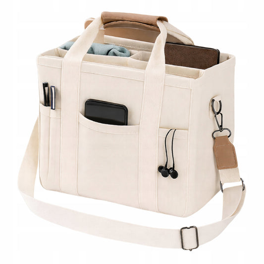 Torba beżowa na laptopa na ramię – POJEMNA TOREBKA DAMSKA TYPU SHOPPER, ELEGANCKA I SPACEROWA