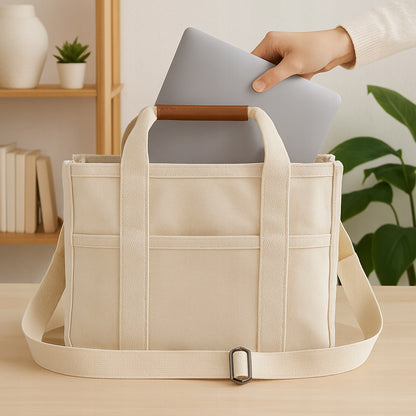 Torba beżowa na laptopa na ramię – POJEMNA TOREBKA DAMSKA TYPU SHOPPER, ELEGANCKA I SPACEROWA