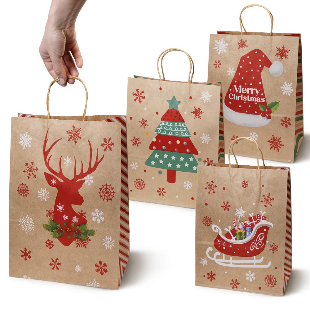 Papierowa torba świąteczna na prezenty - 330x260x120mm - 4 wzory - ZESTAW #2 - DUŻY ROZMIAR
