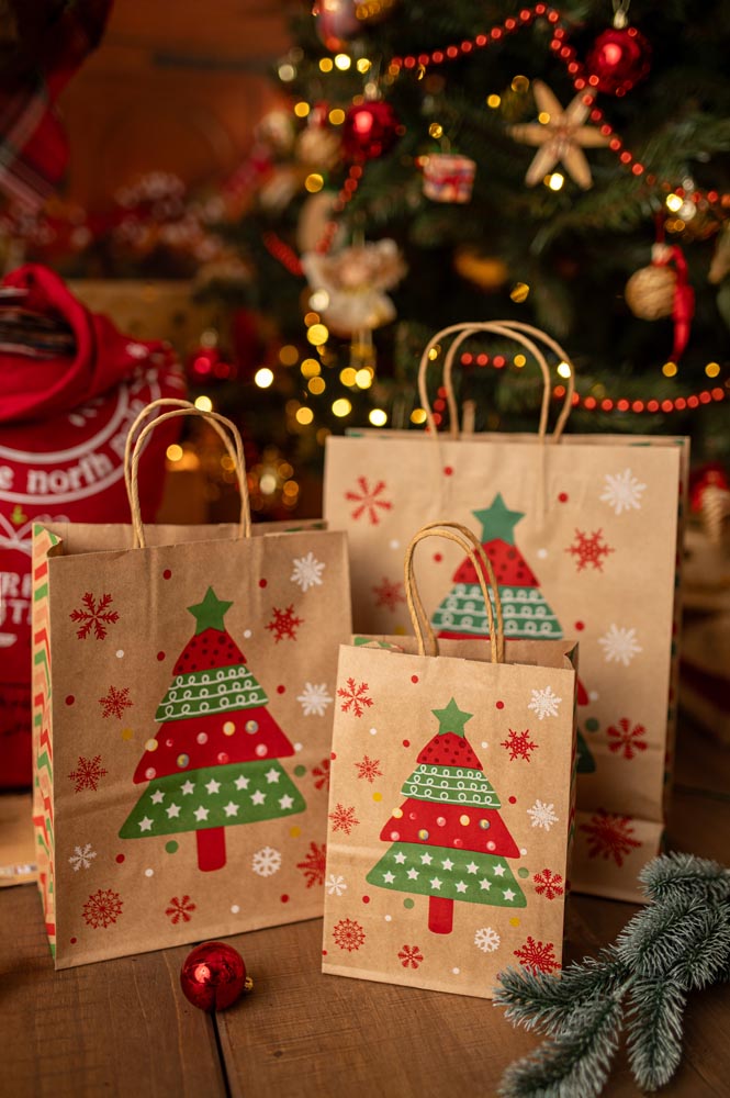 Papierowa torba świąteczna na prezenty - 210x150x80mm - 4 wzory - ZESTAW #2 - MAŁY ROZMIAR
