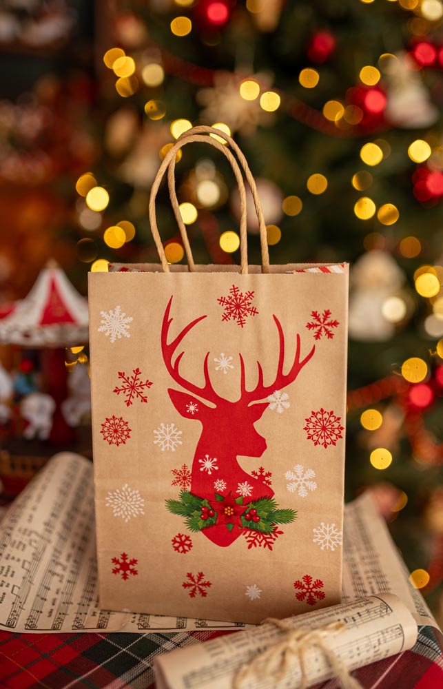Papierowa torba świąteczna na prezenty - 330x260x120mm - 4 wzory - ZESTAW #2 - DUŻY ROZMIAR