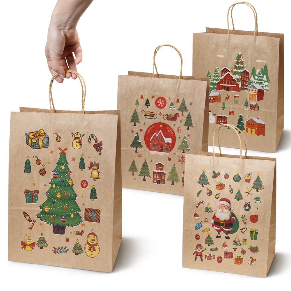 Torebki papierowe na prezenty - ŚWIĄTECZNE - 270x210x110mm - 4 wzory - ZESTAW 3# - ŚREDNI ROZMIAR