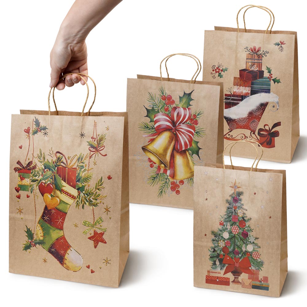 Torby papierowe na prezenty - ŚWIĄTECZNE - 270x210x110mm - 4 wzory - ZESTAW #4 - ŚREDNI ROZMIAR
