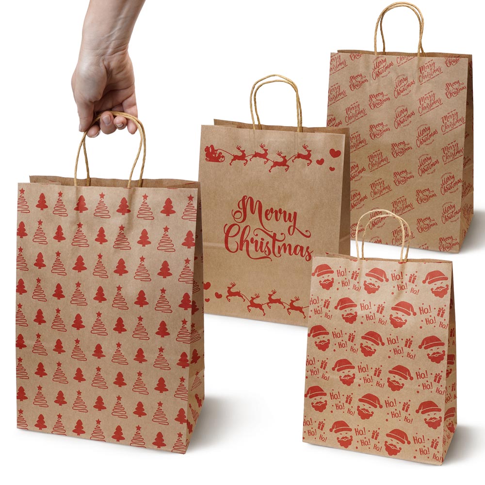 Papierowe torebki świąteczne na prezenty - 210x150x80mm - 4 wzory - ZESTAW #5 - MAŁY ROZMIAR