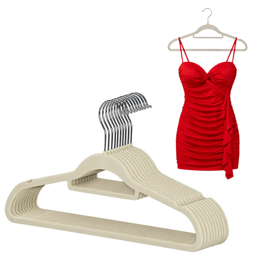 Welurowe wieszaki na ubrania beżowe - ANTYPOŚLIZGOWE, ZESTAW 10 SZTUK