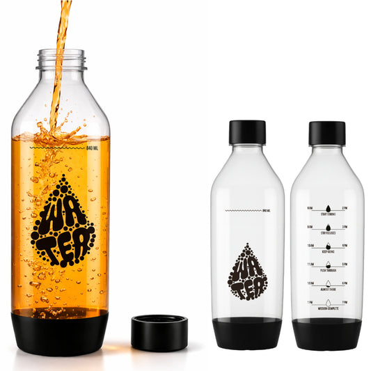 Butelki do saturatora 1L - ZESTAW 2x BUTELKA NA WODĘ GAZOWANĄ, MOTYWACYJNA CZARNA Z MIARKĄ