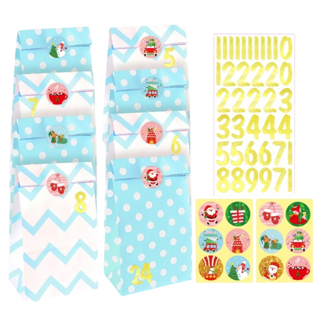 Świąteczny kalendarz adwentowy, torebki prezentowe - niebieskie