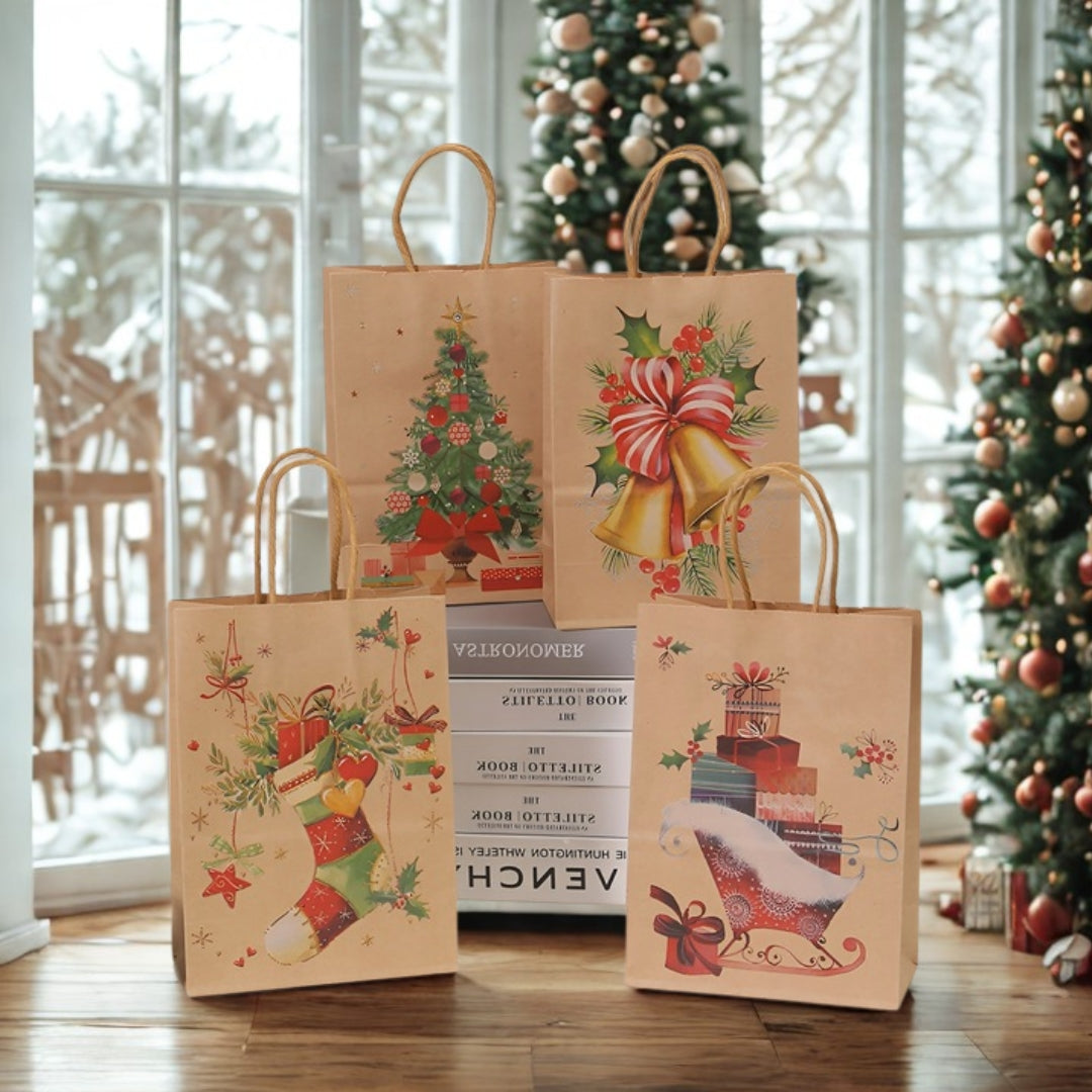 Torby papierowe na prezenty - ŚWIĄTECZNE - 330x260x120mm - 4 wzory - ZESTAW #4 - DUŻY ROZMIAR