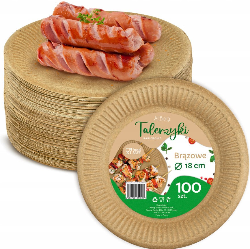 Ekologiczne talerze papierowe 18 cm, zestaw 100 sztuk, idealne do cateringu i imprez plenerowych