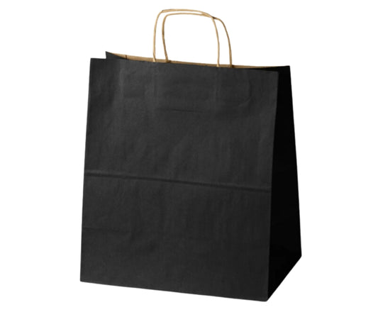 Torba papierowa czarna z uchwytem skręcanym, wymiary 305x170x340 mm, elegancka i wytrzymała – b2b allbag

