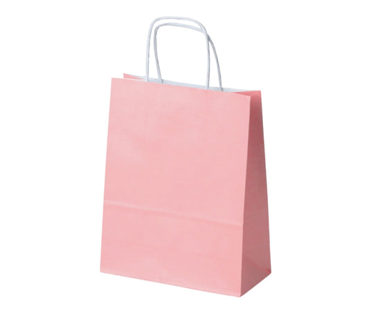 Torba papierowa różowa pastelowa 180x80x225 mm z uchwytem skręcanym, idealna do pakowania drobnych produktów lub prezentów
