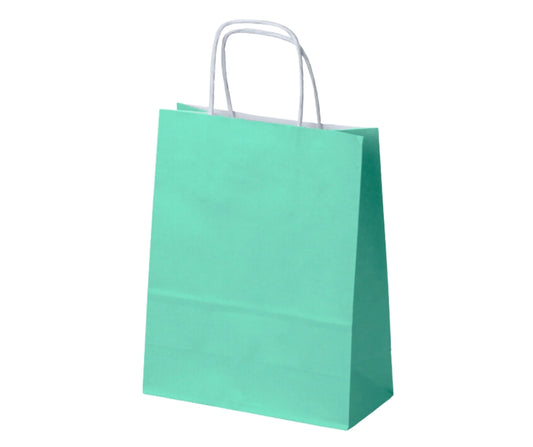 Torba papierowa zielona pastelowa 180x80x225 mm z uchwytem skręcanym, idealna do pakowania drobnych produktów