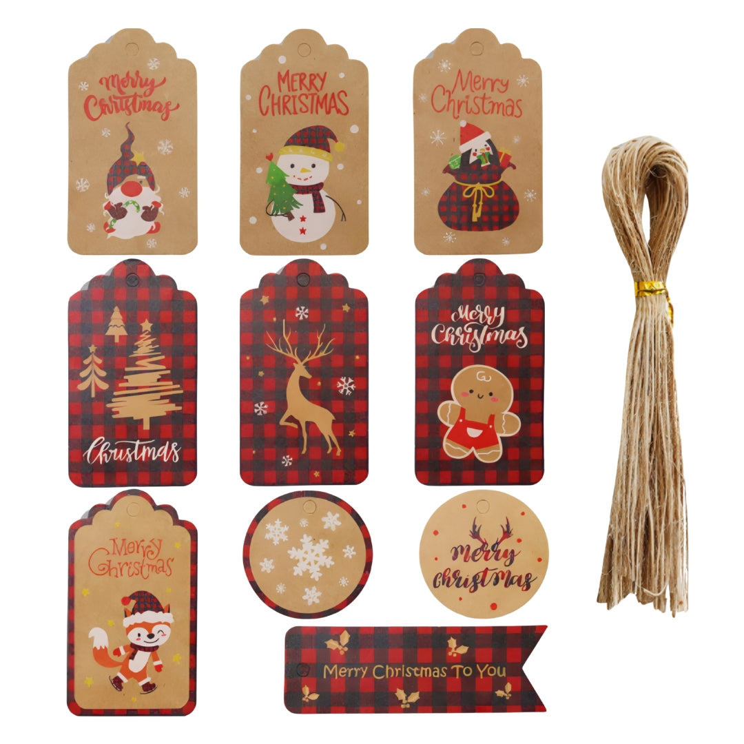 Świąteczne papierowe winietki prezentowe - 50szt + 50 sznureczków