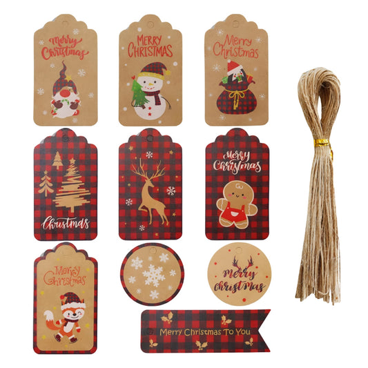 Świąteczne papierowe winietki prezentowe - 50szt + 50 sznureczków