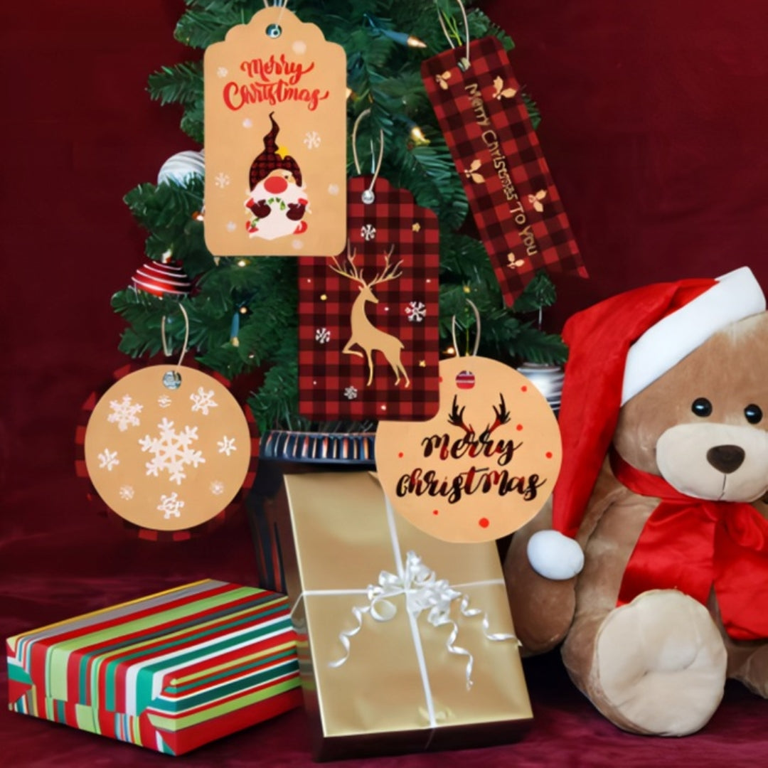 Świąteczne papierowe winietki prezentowe - 50szt + 50 sznureczków